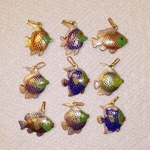 New Vintage lot of 9 Cloisonne Fish Pendants Various sizes/colours